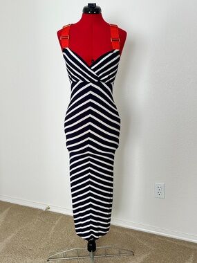 Ted Becker Navy & White Striped Sleeveless Bodycon Dress XS